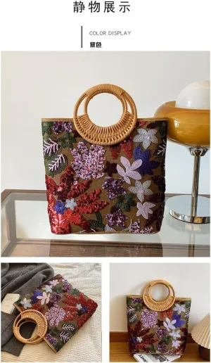 Floral Sequin Handbag with Bamboo Handle, Embroidered Tote Purse, Brown Multi-Color