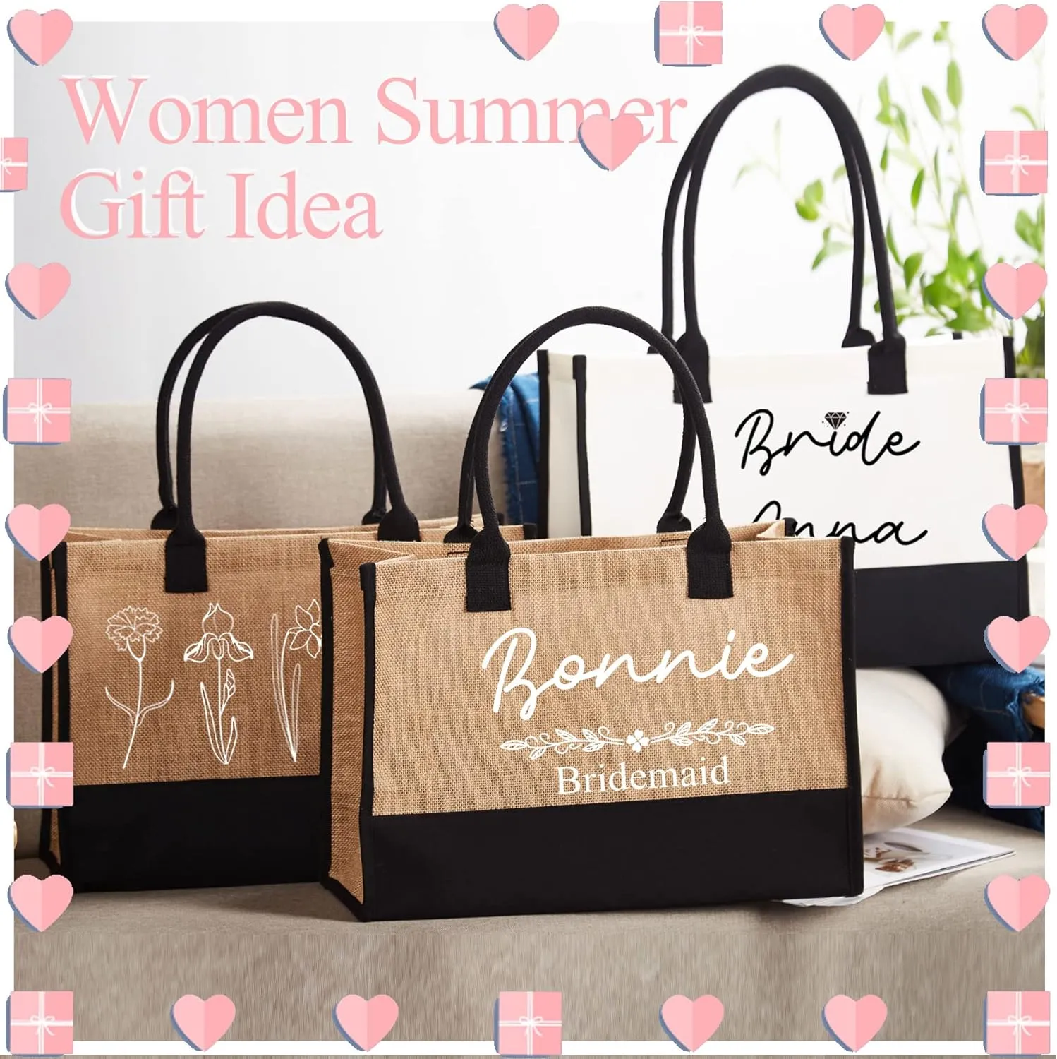 Flycalf Personalized Wedding Tote Bags Gifts for Bridesmaid Summer Beach Girls Trip Bridal Shower Reusable Grocery Burlap Bag