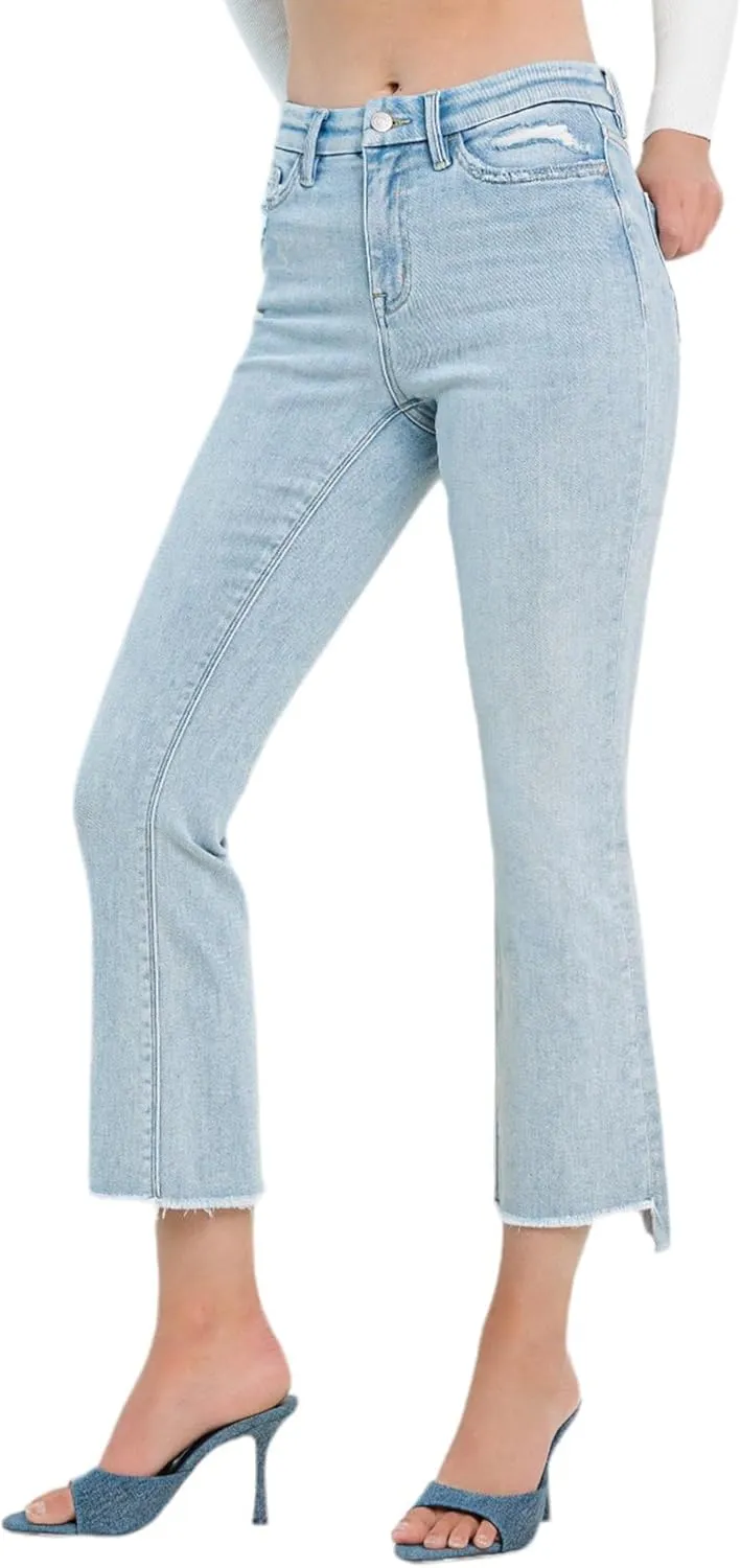 Flying Monkey High Rise Slant Raw Hem Crop Flare Jeans Light Blue