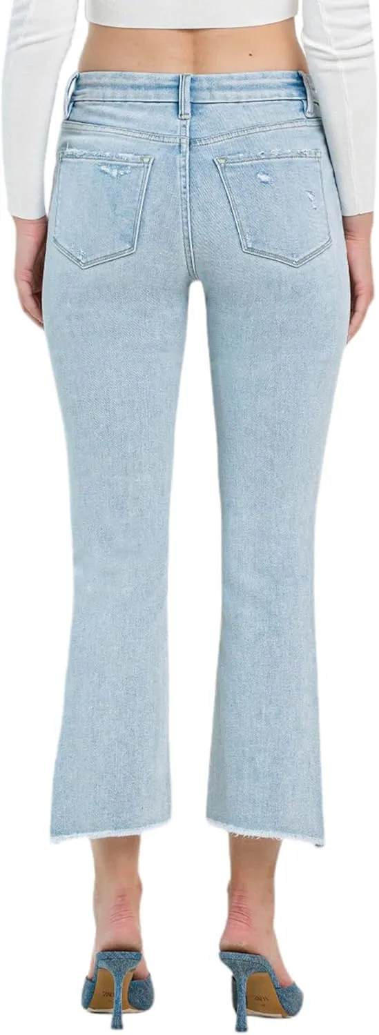 Flying Monkey High Rise Slant Raw Hem Crop Flare Jeans Light Blue