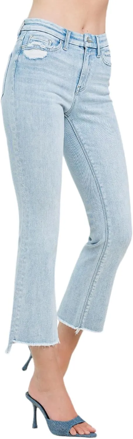 Flying Monkey High Rise Slant Raw Hem Crop Flare Jeans Light Blue