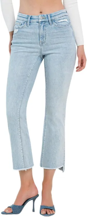 Flying Monkey High Rise Slant Raw Hem Crop Flare Jeans Light Blue