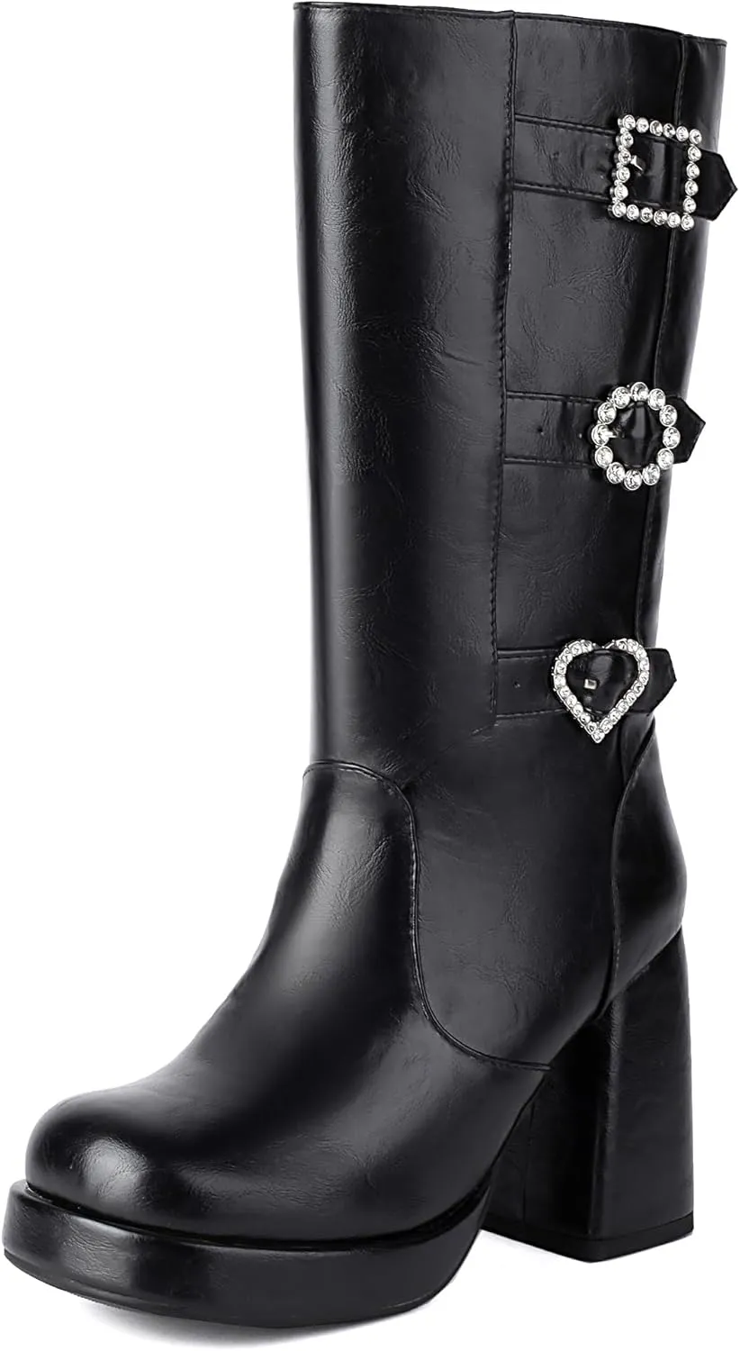 ForeMode Women's Goth Leather Block Heel Ankle Boots Fashion Studded Ankle Strap Trim Punk Boots