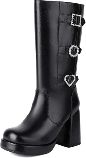 ForeMode Women's Goth Leather Block Heel Ankle Boots Fashion Studded Ankle Strap Trim Punk Boots