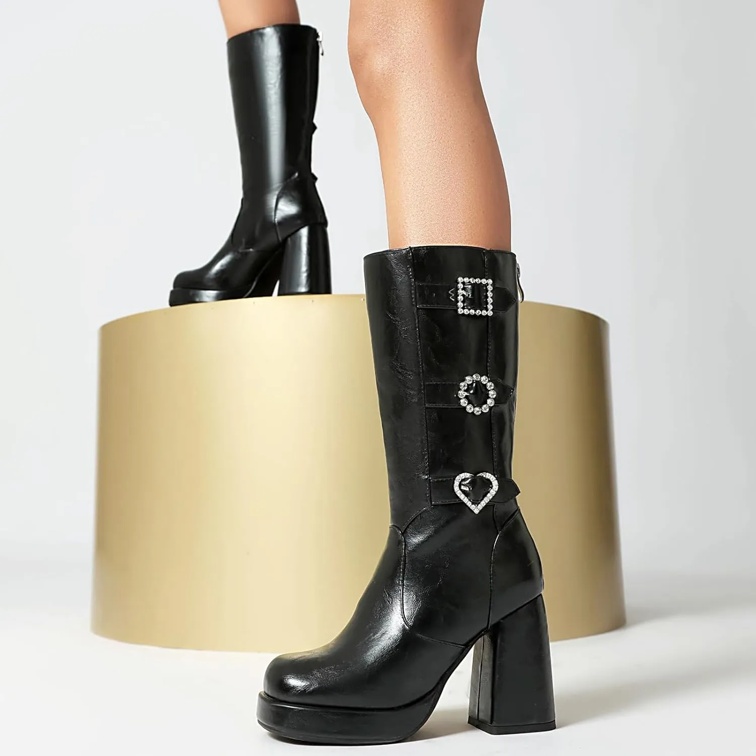 ForeMode Women's Goth Leather Block Heel Ankle Boots Fashion Studded Ankle Strap Trim Punk Boots