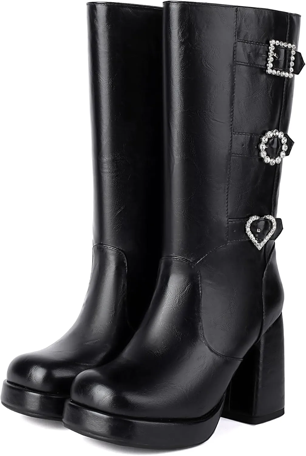 ForeMode Women's Goth Leather Block Heel Ankle Boots Fashion Studded Ankle Strap Trim Punk Boots