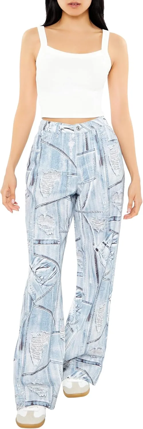 Forever 21 Women's Distressed Denim Print Jeans