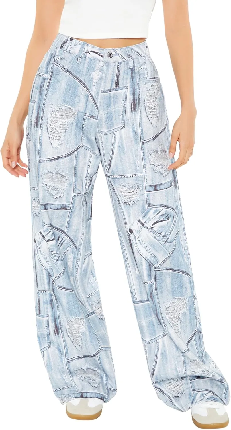 Forever 21 Women's Distressed Denim Print Jeans