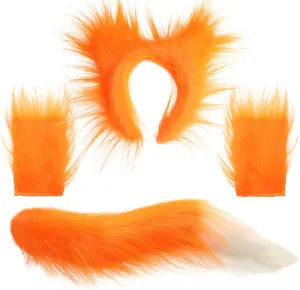 Fox Ears Headband, Tail and Paw Gloves Set- Faux Fur Fox Costume Accessory Set Orange