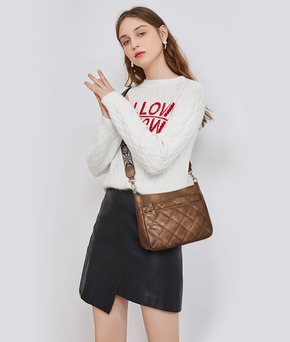 FOXLOVER Quilted Crossbody Bags for Women Trendy vegan Leather Hobo bag Shoulder purses With Wide Strap