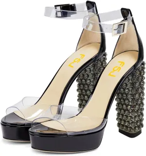 FSJ Women Chunky Block High Heel Crystal Studded Sandals Platform Peep Toe Clear Ankle Strap Transparent Comfort Bridal Wedding Shoes Size 4-15 US