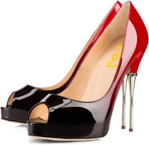 FSJ Women Classic Peep Toe Platform Heel Pumps Super High Sexy Metal Stiletto Slip On Party Shoes Size 4-15 US