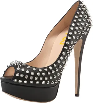 FSJ Women Classic Rivets Platform Heel Peep Toe Pumps High Stiletto Heel Slip On Studded Sexy Wedding Party Dance Shoes Size 4-16 US