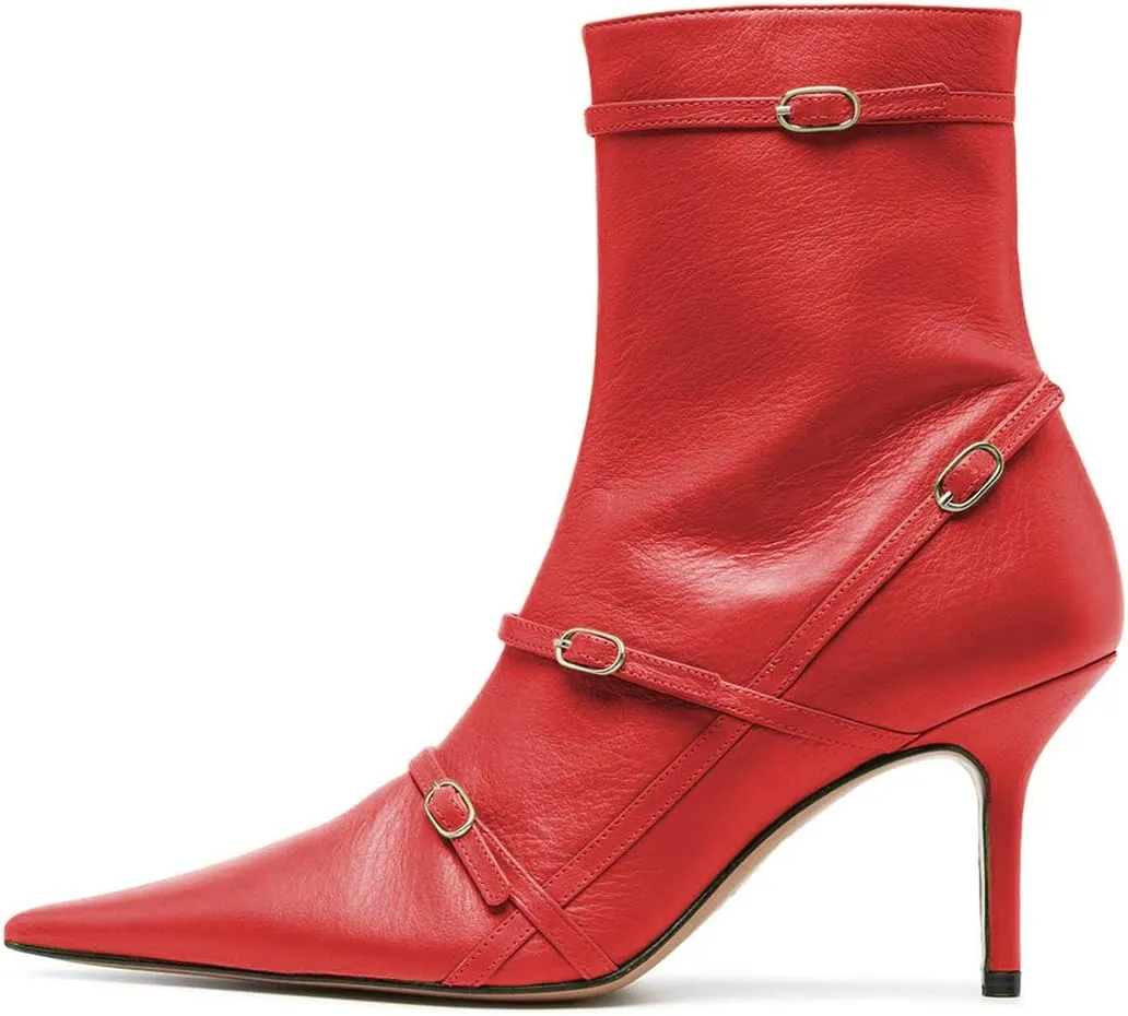 FSJ Women Pointed Toe Ankle Boots with Cross Buckle Straps Decoration Fashion Elegant Mid Low Heel Booties Ankle Wrap Zip Up Evening Party Dress Shoes Size 4-15 US