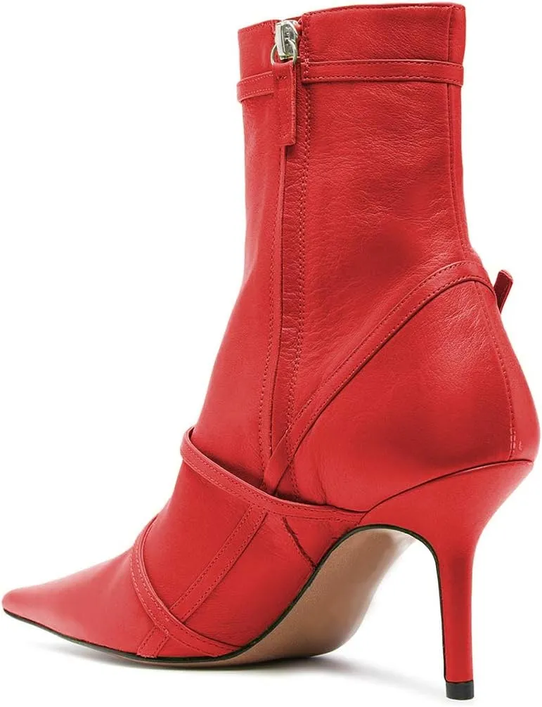 FSJ Women Pointed Toe Ankle Boots with Cross Buckle Straps Decoration Fashion Elegant Mid Low Heel Booties Ankle Wrap Zip Up Evening Party Dress Shoes Size 4-15 US