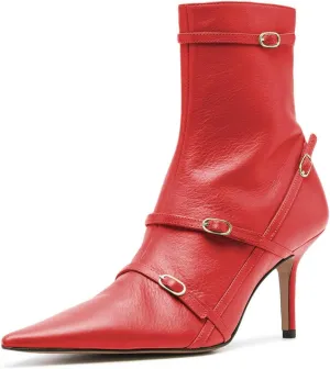 FSJ Women Pointed Toe Ankle Boots with Cross Buckle Straps Decoration Fashion Elegant Mid Low Heel Booties Ankle Wrap Zip Up Evening Party Dress Shoes Size 4-15 US
