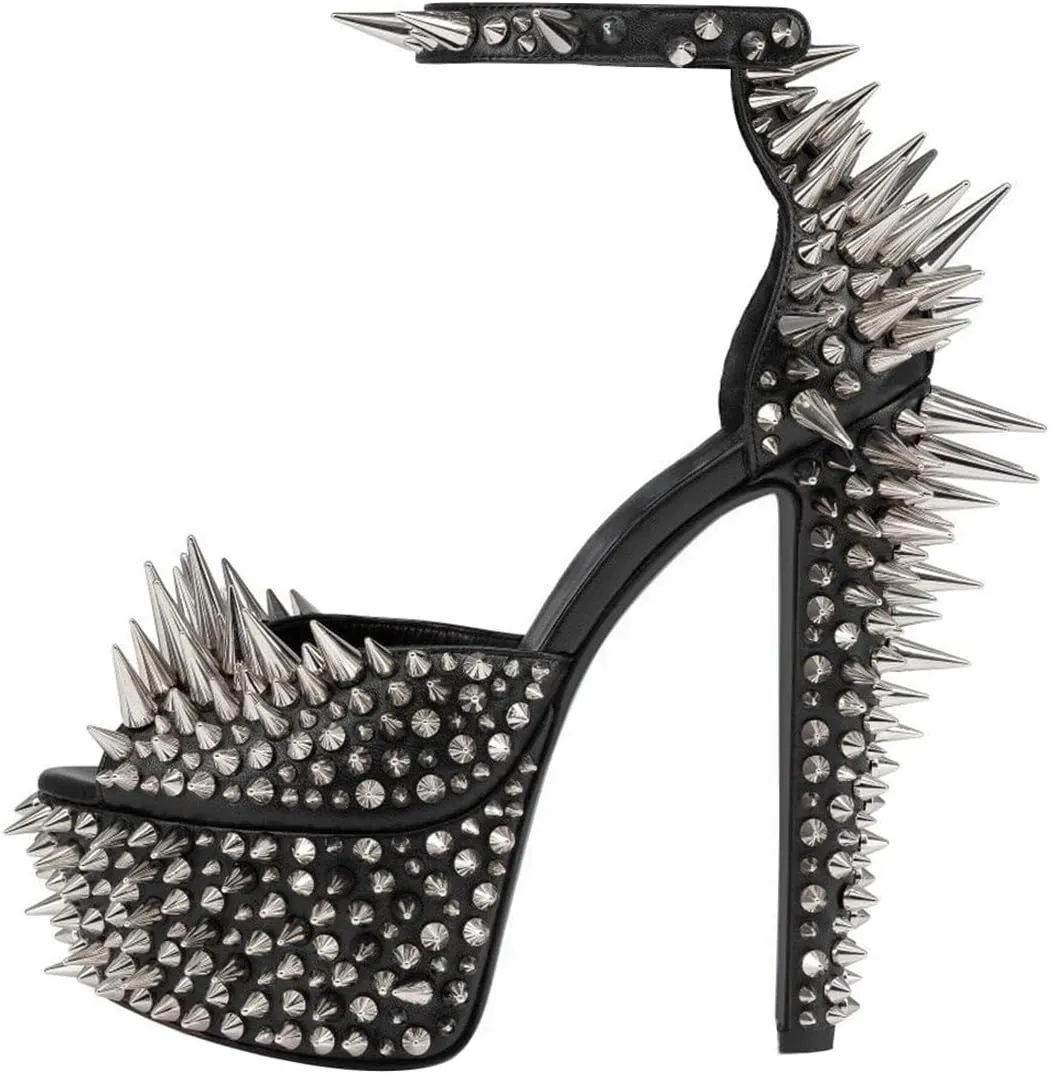 FSJ Women Spiked High Heel Sandals with Studded Ankle Strap Peep Toe Platform Chunky Rivets Heel Sexy Night Club Party Shoes Size 4-16 US