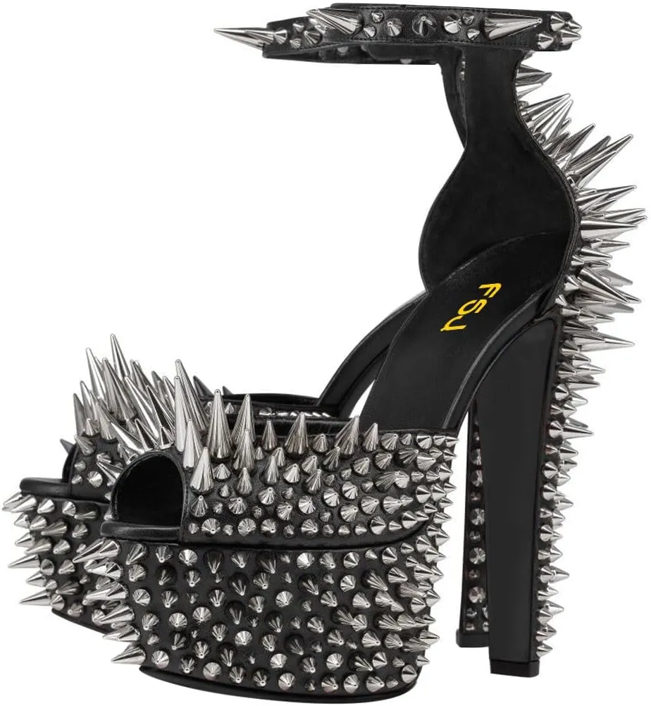 FSJ Women Spiked High Heel Sandals with Studded Ankle Strap Peep Toe Platform Chunky Rivets Heel Sexy Night Club Party Shoes Size 4-16 US