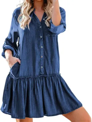 Fulbant Summer Women Loose Denim Shirt Dressv-Neck Single Roll-Up Sleeve Ruffled Hem Solid Color Mini Dress