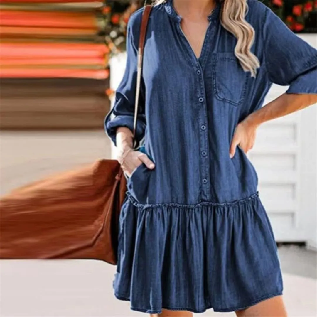 Fulbant Summer Women Loose Denim Shirt Dressv-Neck Single Roll-Up Sleeve Ruffled Hem Solid Color Mini Dress