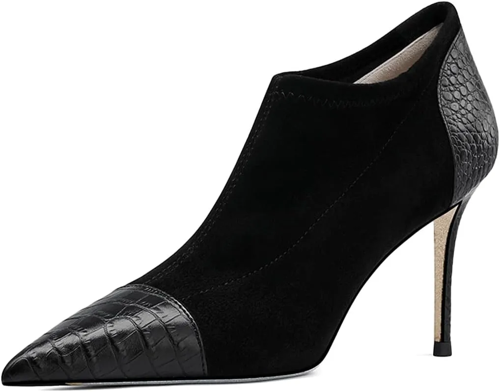 FYS Women's Sexy Stiletto High Heel Short Booties Fashion Pointed Toe Patchwork Ankle Boots Slip On Crocodile Print Fall Dress Party Shoes Size 4-16 US