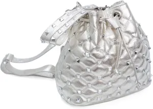 Genuine Leather and Elegant Silver Quilted Studded Drawstring Bag - Fashionable Metallic Shoulder Bag with Adjustable Strap for Women