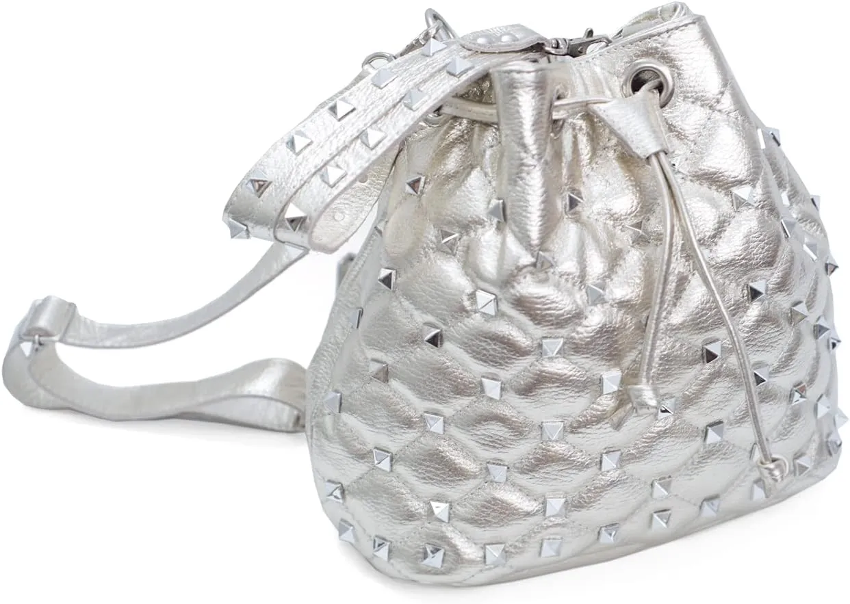 Genuine Leather and Elegant Silver Quilted Studded Drawstring Bag - Fashionable Metallic Shoulder Bag with Adjustable Strap for Women