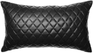 Genuine Leather Quilted Pillow Cover Case for Lumbar Throw Couch Pillows - Modern Farmhouse Decorative Sofa Thick & Soft Cushion Covers (Black, 10" x 18")