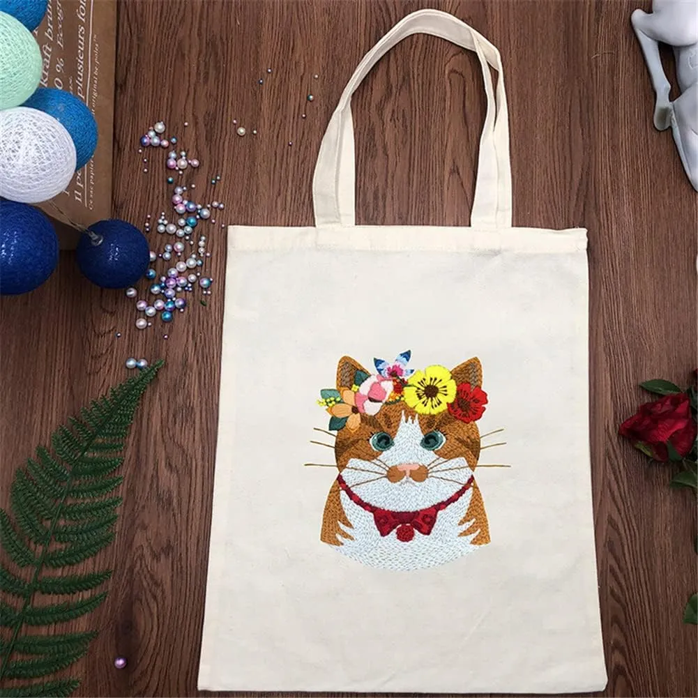 Gigicloud Embroidery Kit for Beginners Adults, Cartoon Animal Pattern Canvas Tote Bag DIY Canvas Bag Cross Stitch Kits Water-Soluble Printing DIY Art Crafts Sewing Set with Threads Needles,Style 7