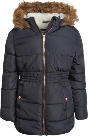 Girls Quilted Puffer Anorak Jacket - Cozy Sherpa Lined Faux Fur Trim Hooded Winter Coat with Cinched Waist (7-16)