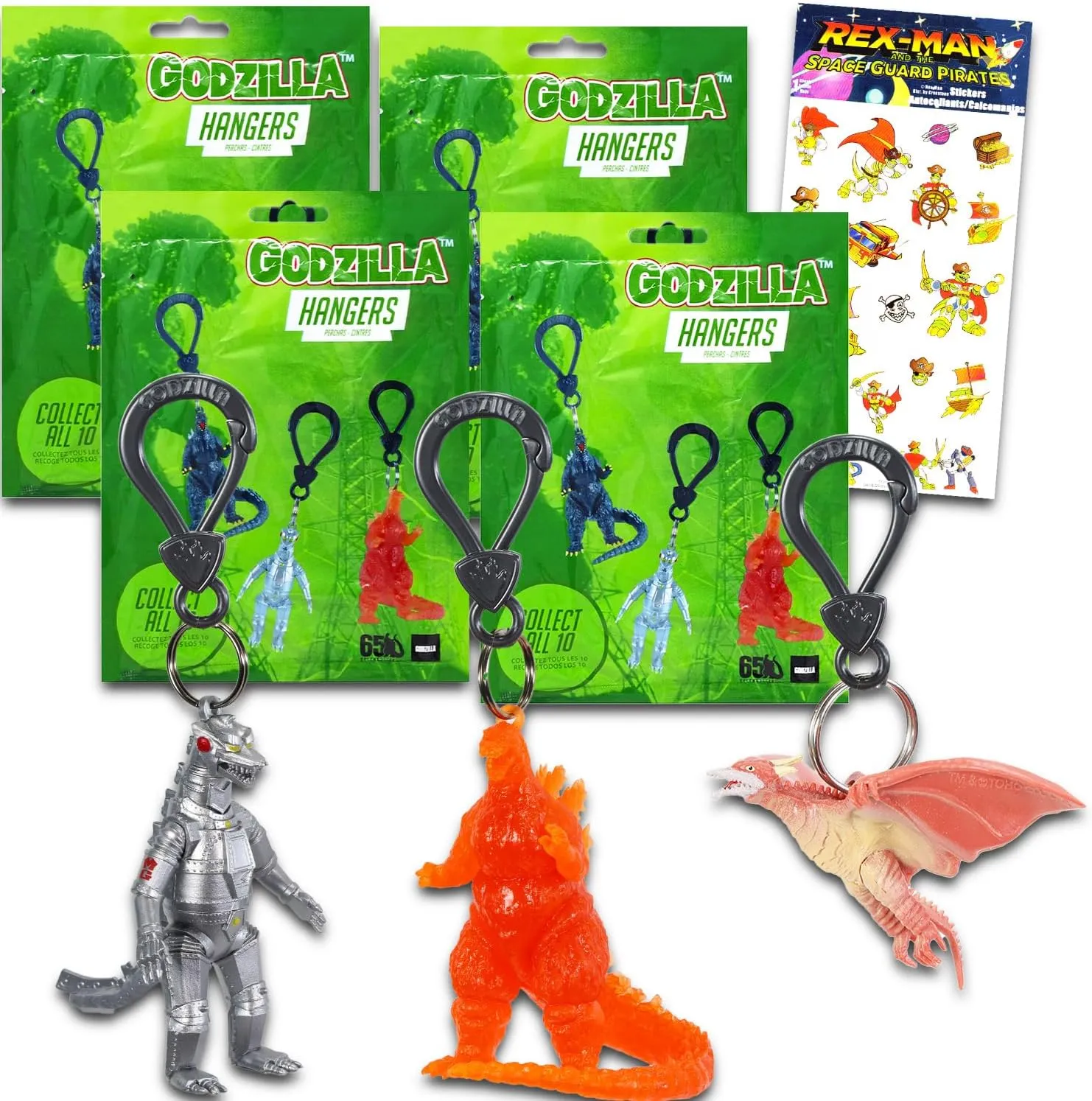 Godzilla Blind Bags Party Favors 4 Pack - Bundle with 4 Godzilla Keychain Mystery Figures Plus Stickers & Bag Clips