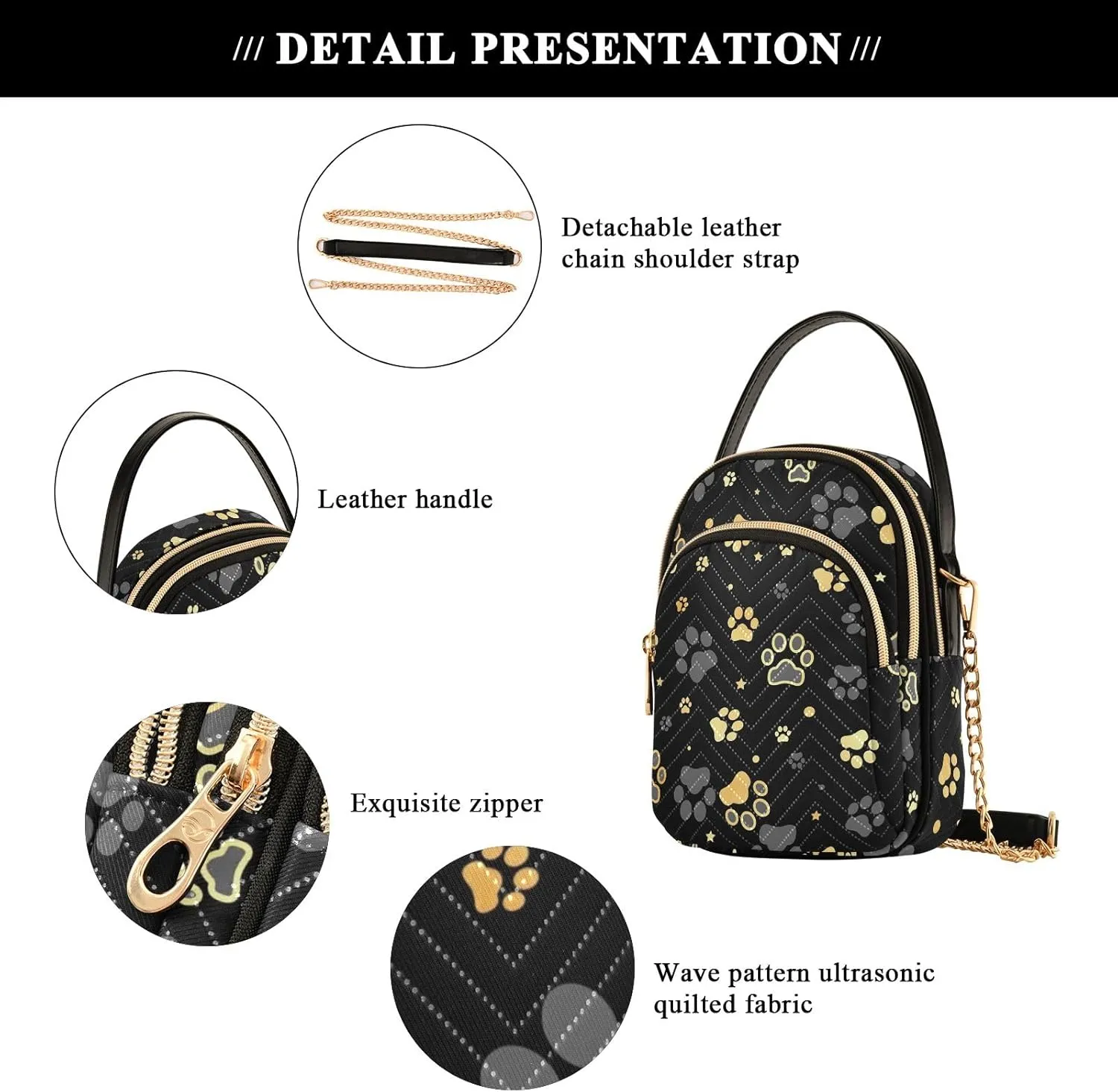 Golden Dog Paw Print Crossbody Travel Bags for Women Trendy Small Handbags for Women, Small Messenger Bag