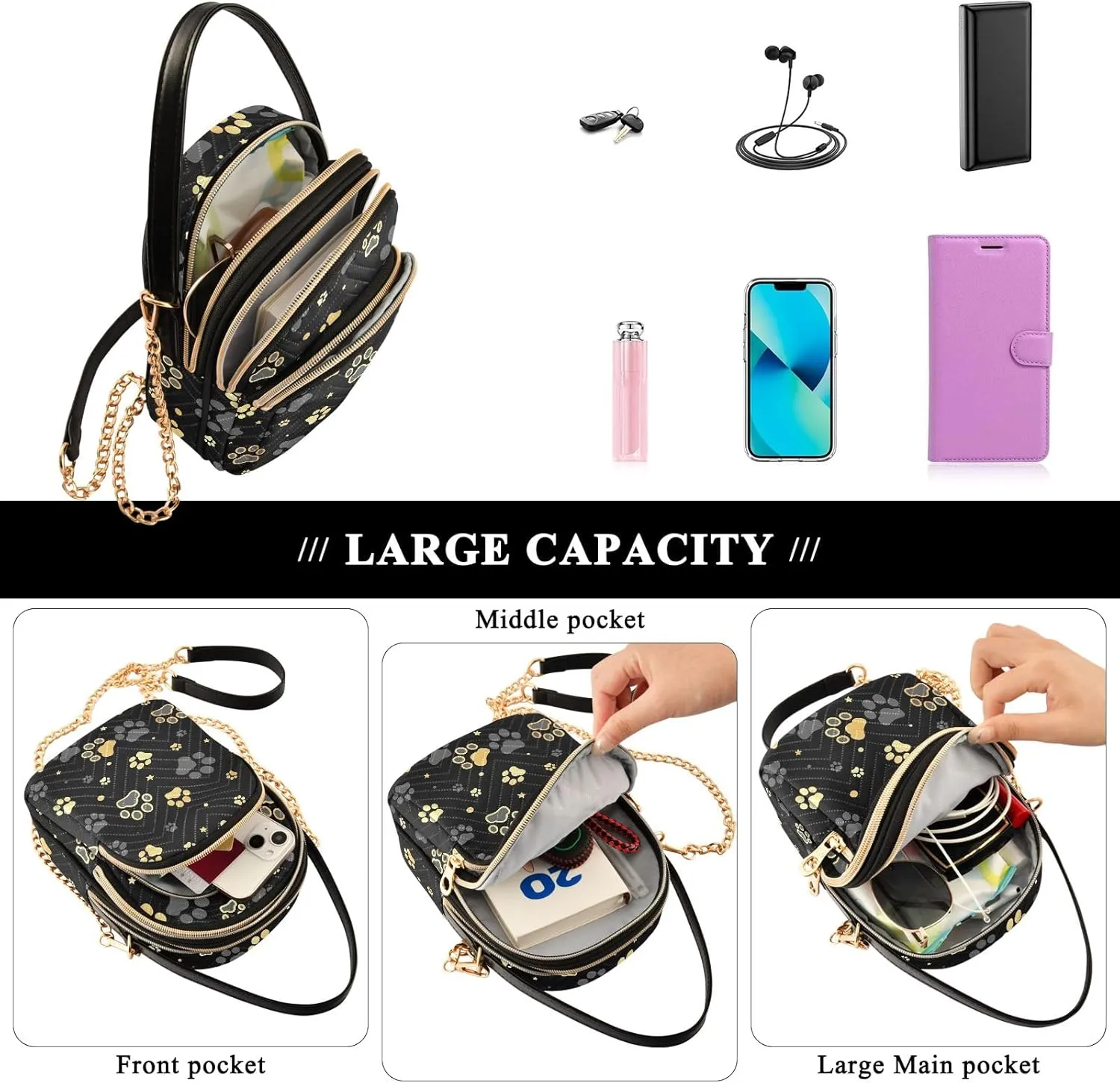 Golden Dog Paw Print Crossbody Travel Bags for Women Trendy Small Handbags for Women, Small Messenger Bag