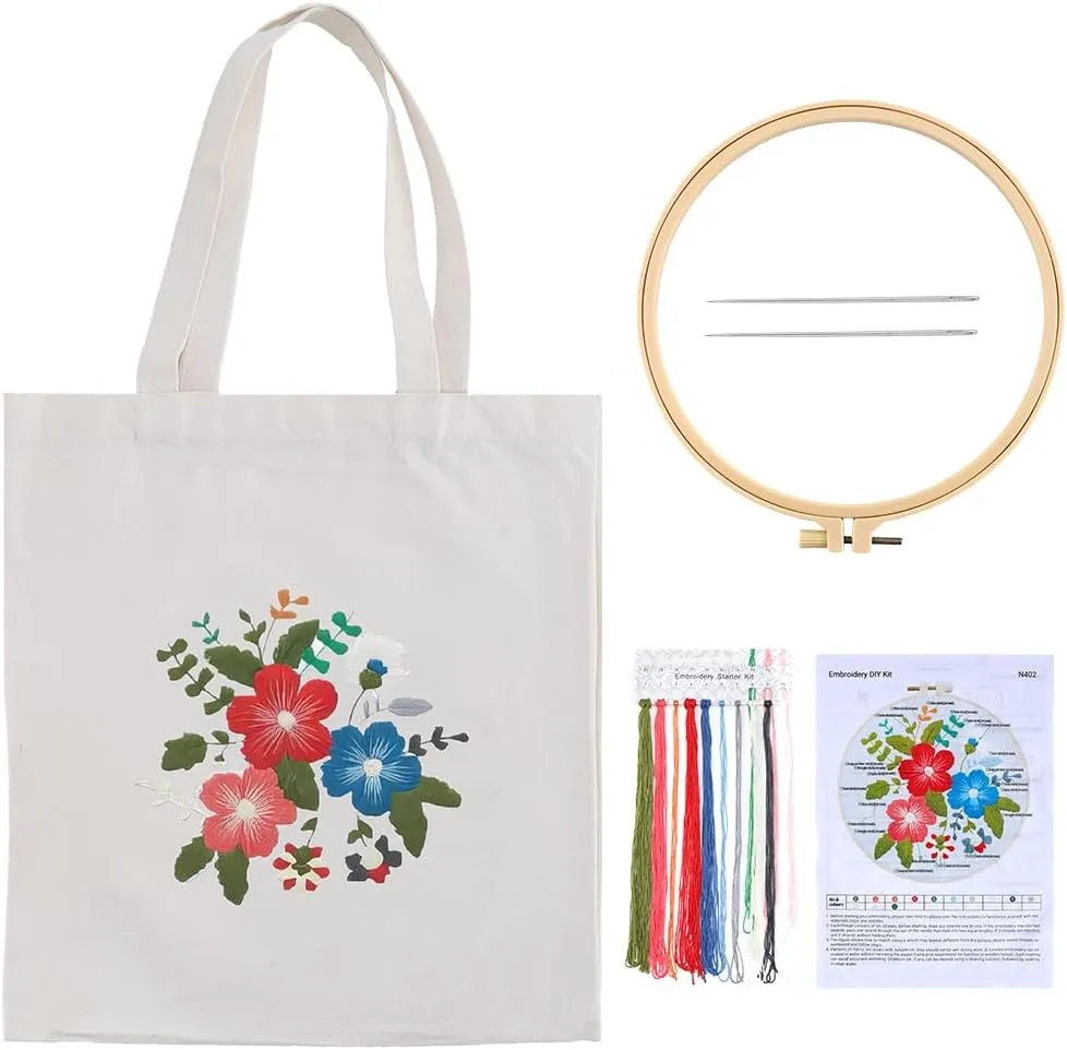 GORGECRAFT 1 Set Embroidery Tote Bag Kit Cloth Flower Sewing Canvas Bag with Instructions Embroidery Bag Needle Embroidery Hoops Colorful Threads Cross Stitch Bag for DIY Bag Craft Women Beginners