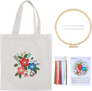GORGECRAFT 1 Set Embroidery Tote Bag Kit Cloth Flower Sewing Canvas Bag with Instructions Embroidery Bag Needle Embroidery Hoops Colorful Threads Cross Stitch Bag for DIY Bag Craft Women Beginners