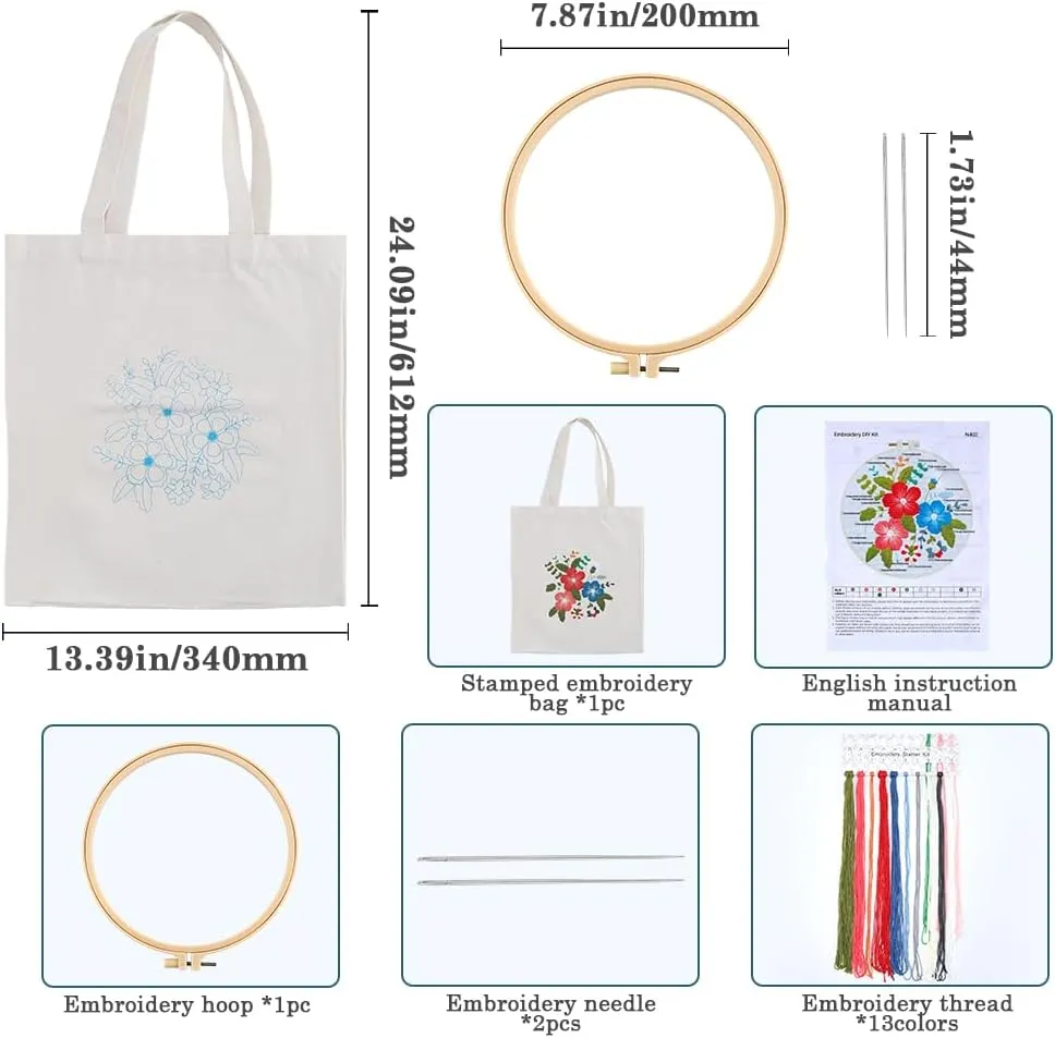 GORGECRAFT 1 Set Embroidery Tote Bag Kit Cloth Flower Sewing Canvas Bag with Instructions Embroidery Bag Needle Embroidery Hoops Colorful Threads Cross Stitch Bag for DIY Bag Craft Women Beginners