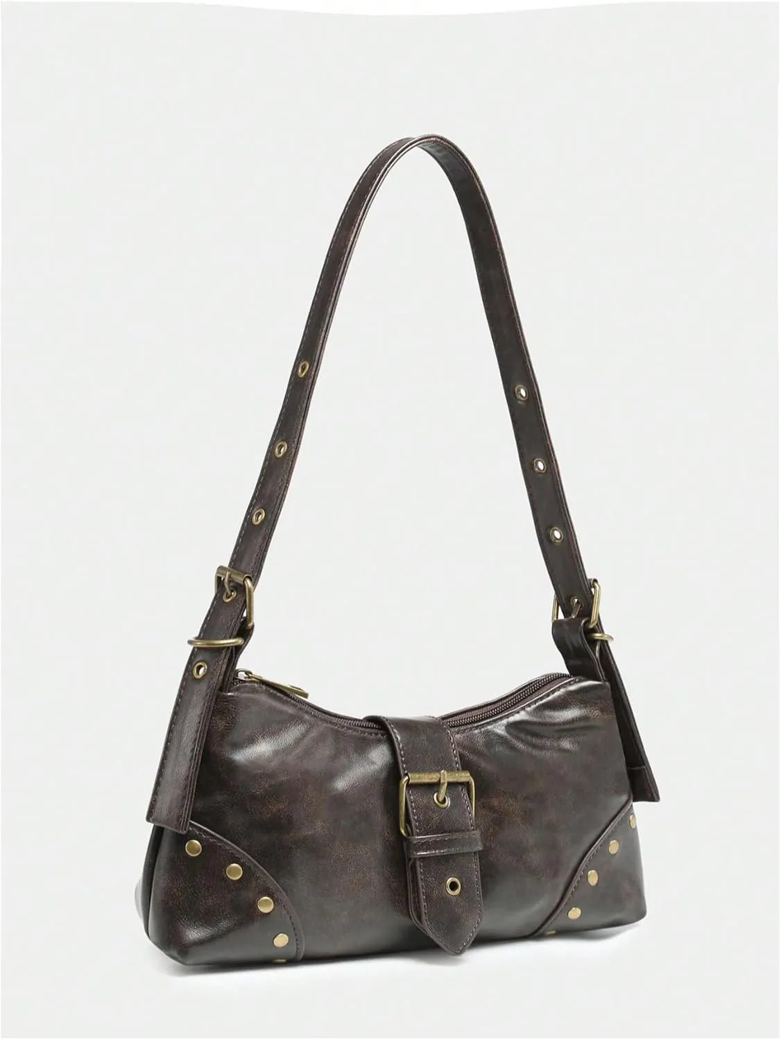 GORGLITTER Women's Metal Studded Suqare Bag Flap Buckle Punk Purse Pu Leather Shoulder Handbags