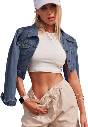 Grabsa Women's Button Down Long Sleeve Cropped Denim Jean Jacket with Pockets