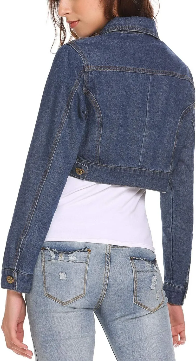 Grabsa Women's Button Down Long Sleeve Cropped Denim Jean Jacket with Pockets