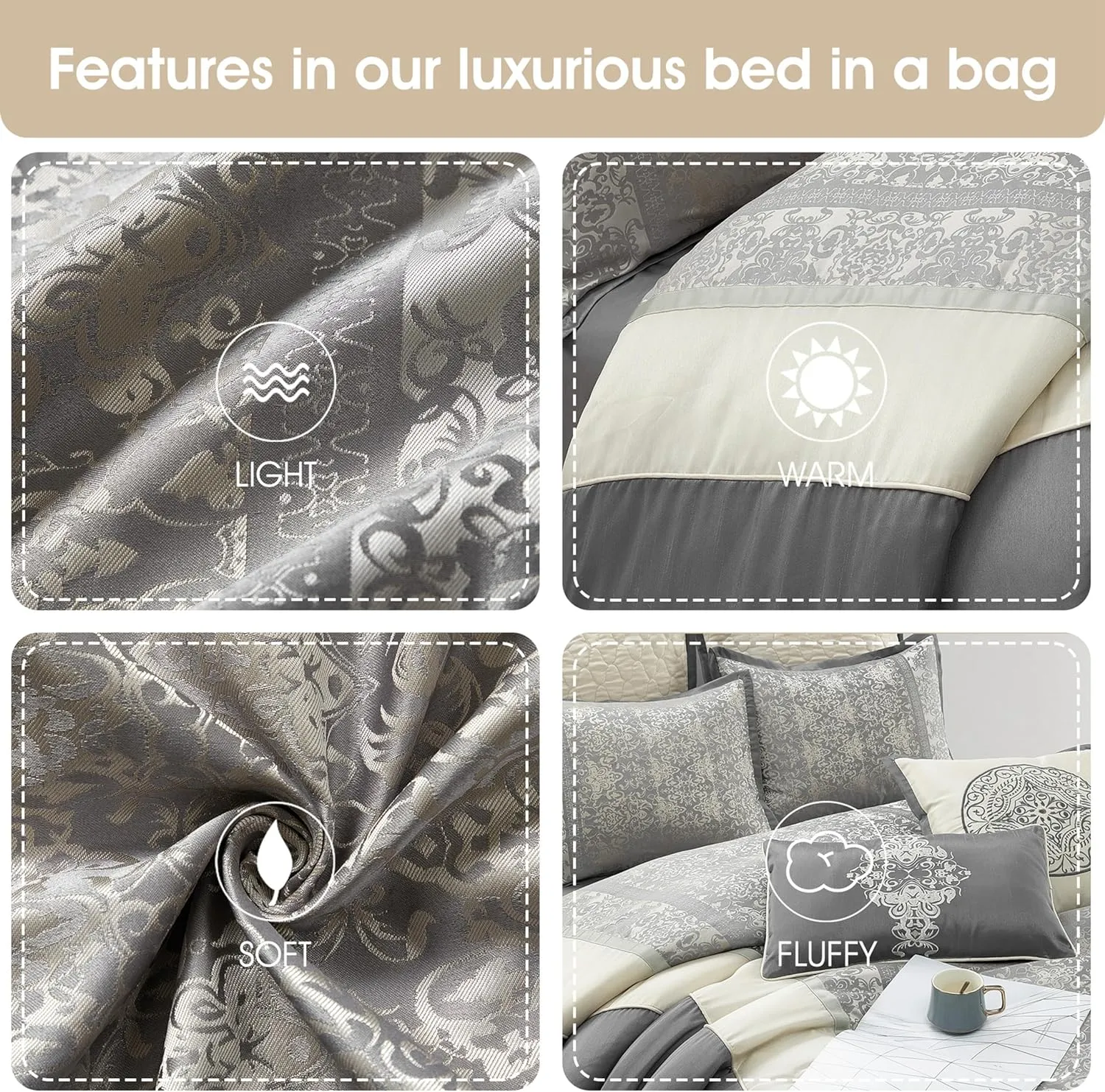 Grand Avenue Silver/Ivory Damask Patchwork California King Comforter Set, 8 Piece, Jacquard All Season Premium Bedding Set, Bed Skirt, Pillows & Shams