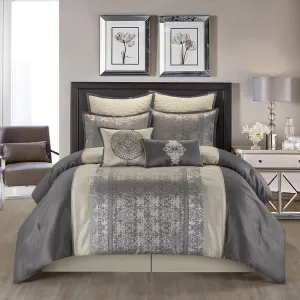 Grand Avenue Silver/Ivory Damask Patchwork California King Comforter Set, 8 Piece, Jacquard All Season Premium Bedding Set, Bed Skirt, Pillows & Shams