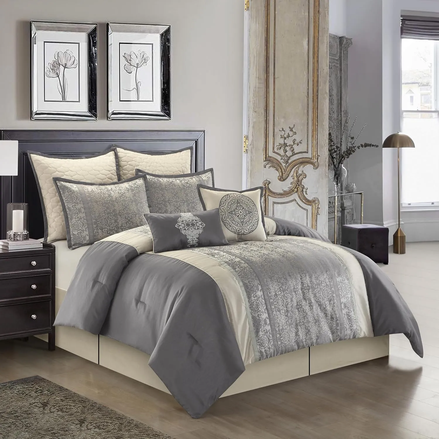Grand Avenue Silver/Ivory Damask Patchwork California King Comforter Set, 8 Piece, Jacquard All Season Premium Bedding Set, Bed Skirt, Pillows & Shams