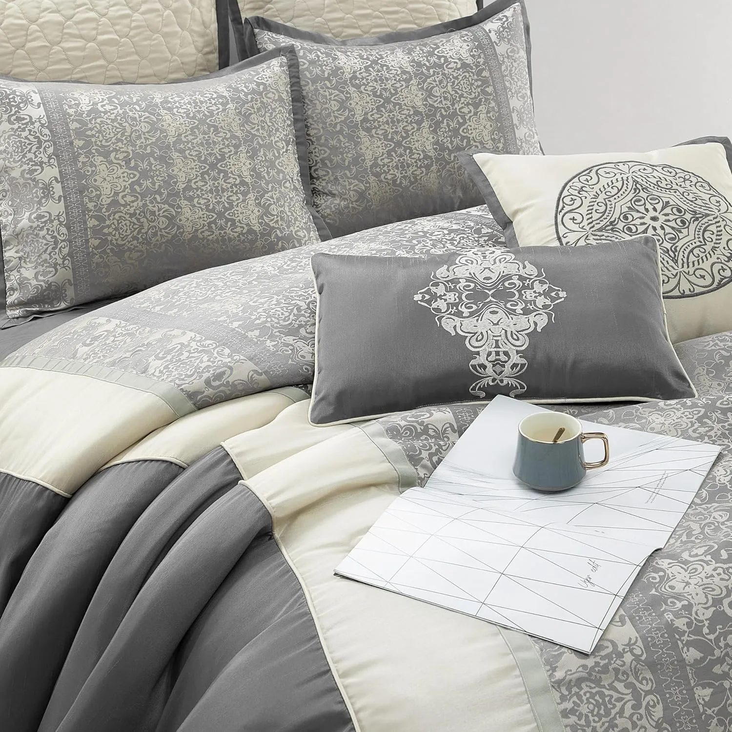 Grand Avenue Silver/Ivory Damask Patchwork California King Comforter Set, 8 Piece, Jacquard All Season Premium Bedding Set, Bed Skirt, Pillows & Shams