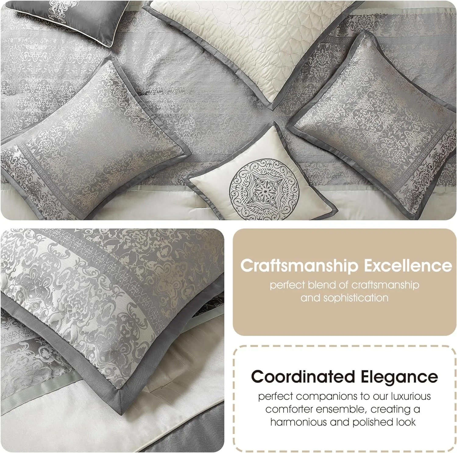 Grand Avenue Silver/Ivory Damask Patchwork California King Comforter Set, 8 Piece, Jacquard All Season Premium Bedding Set, Bed Skirt, Pillows & Shams