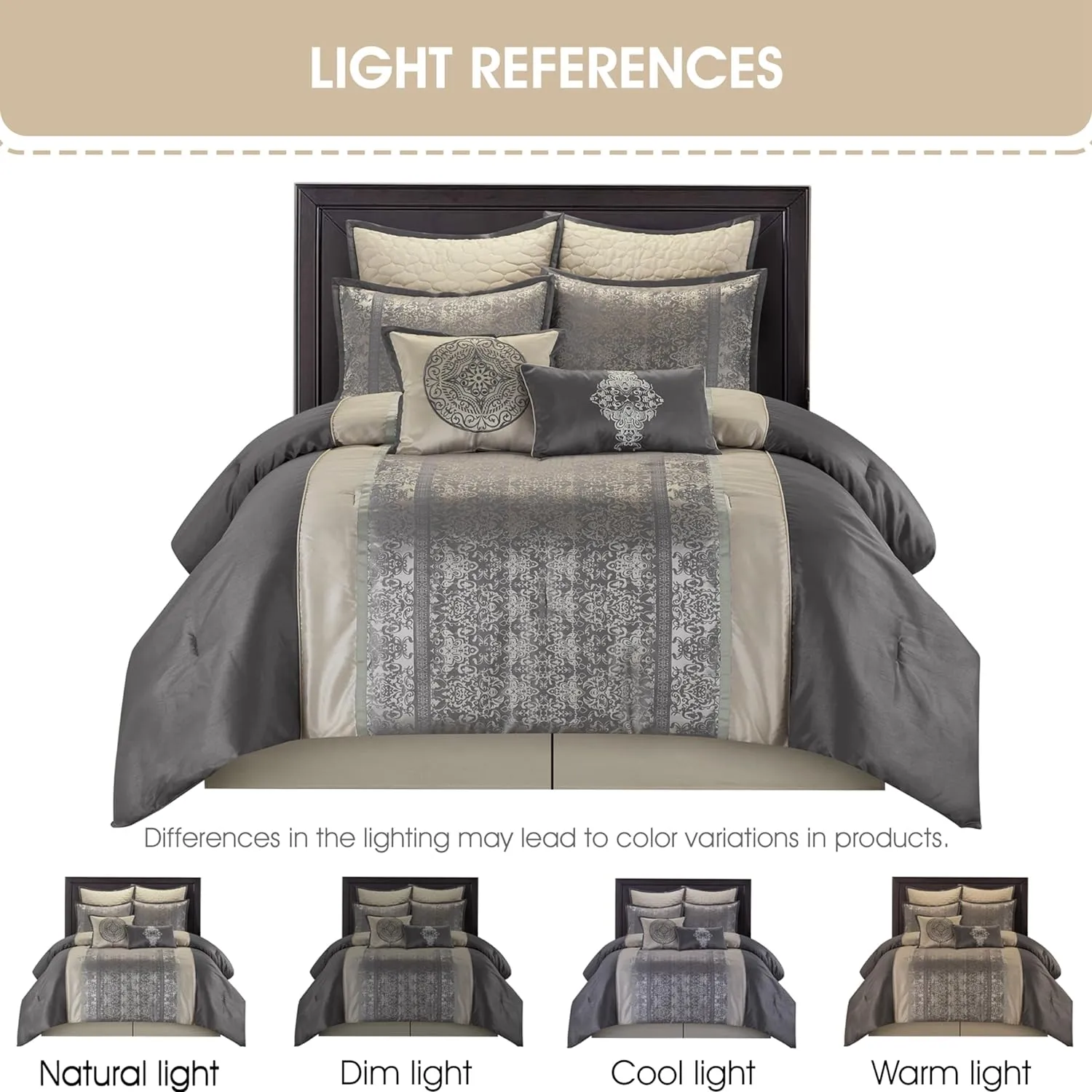 Grand Avenue Silver/Ivory Damask Patchwork California King Comforter Set, 8 Piece, Jacquard All Season Premium Bedding Set, Bed Skirt, Pillows & Shams