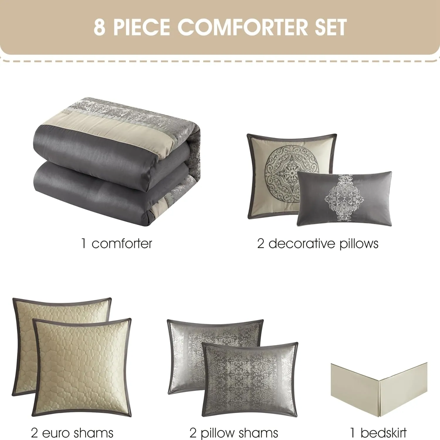 Grand Avenue Silver/Ivory Damask Patchwork California King Comforter Set, 8 Piece, Jacquard All Season Premium Bedding Set, Bed Skirt, Pillows & Shams