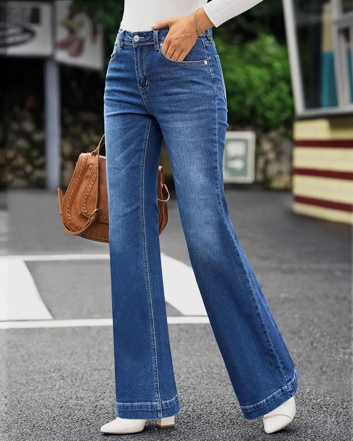 GRAPENT Womens Flare Jeans High Waisted Wide Leg Baggy Jean for Women Stretch Denim Pants