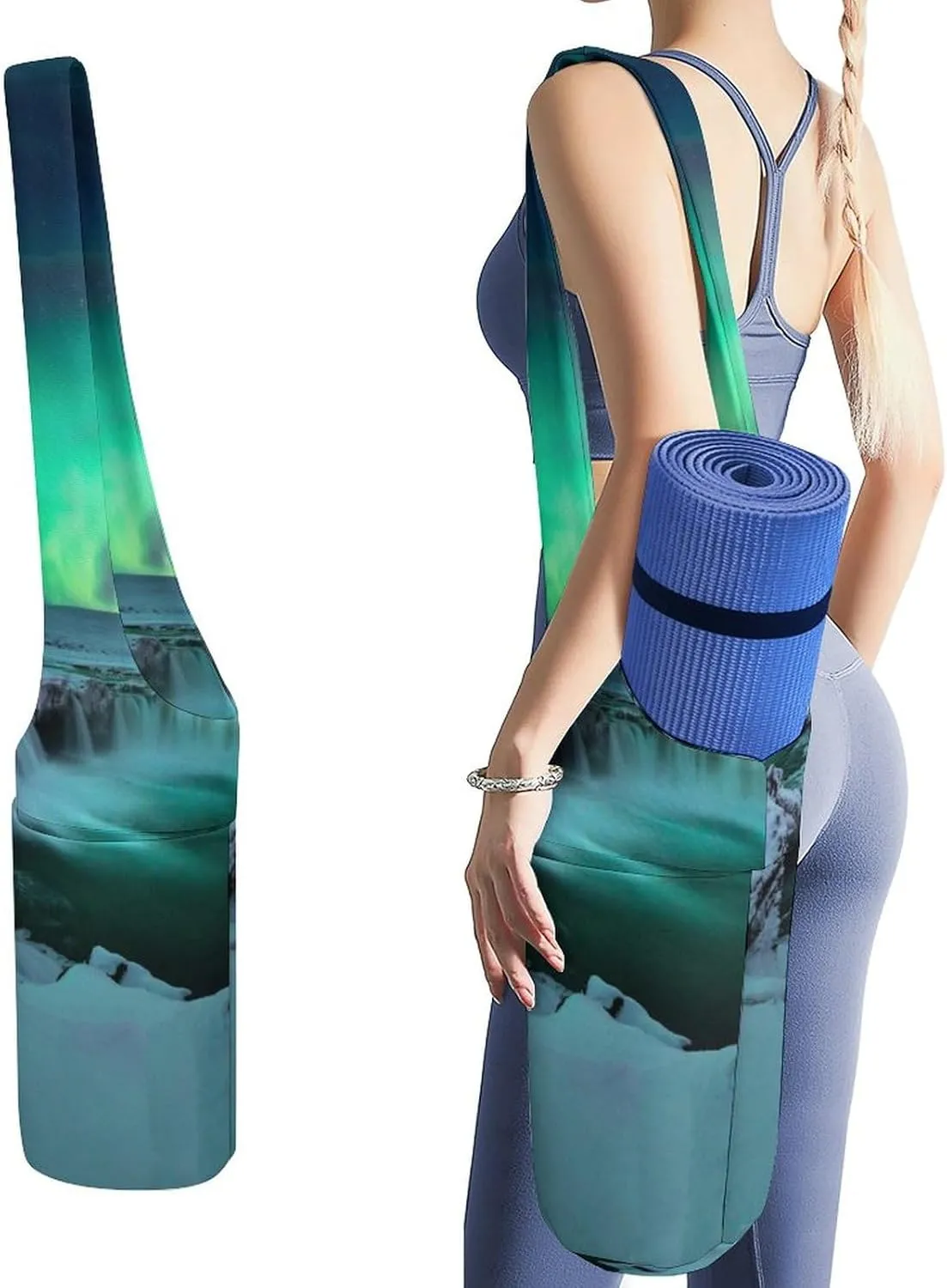 Green Northern Aurora Lightweight Yoga Mat Bag with Pockets Portable Canvas Carrying Shoulder Bags for Women Men