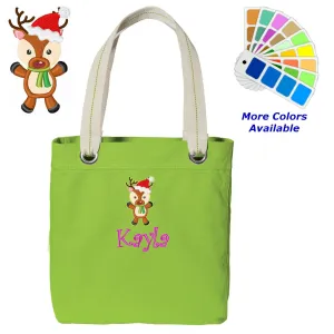 Grommets Contrast Lined with Choice Your Affordable shipping Reindeer Personalized Metal Text Tote Christmas or Name of with Bag Fully integrated Canvas Embroidered Design