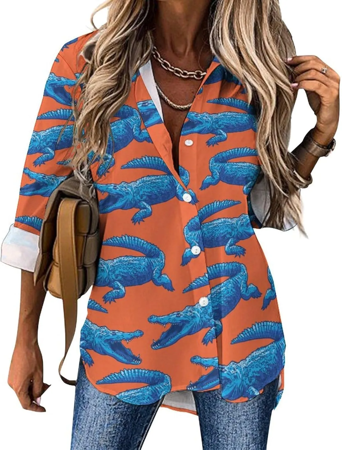 Grunge Colorful Stars Stripes Casual Button Down Blouse for Women Long Sleeve Shirts Irregular Hem Shirt Loose Tops